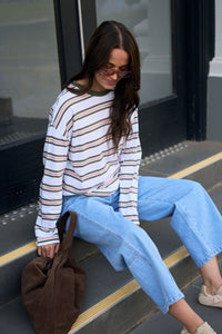 Scout Slouchy Long Sleeve  Tee - White/Washed Olive Stripe