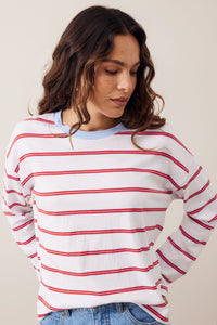 Scout Slouchy Long Sleeve  Tee - White/China Blue Chilli Red Stripe