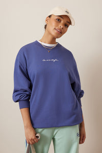Isla Oversized Slouchy Crew - Washed Navy Ceres Script Embroidery
