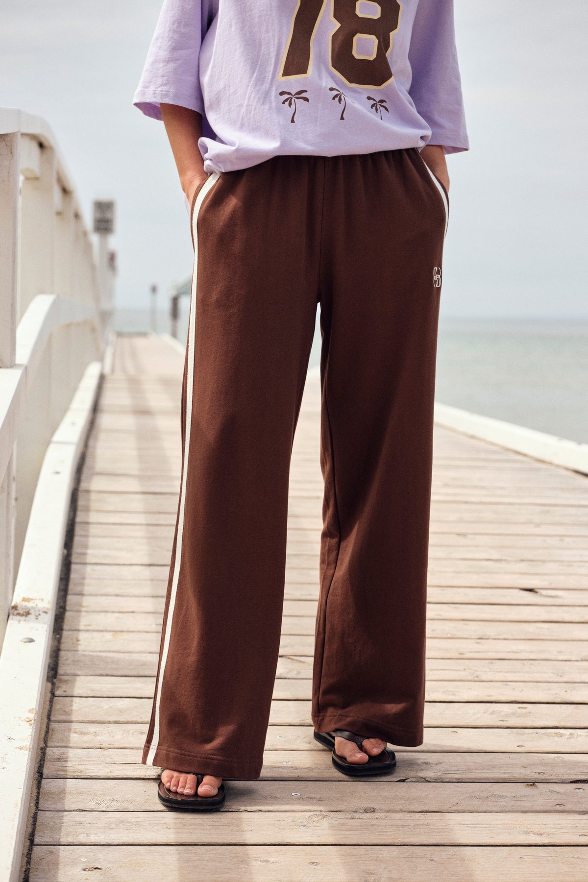 Gigi Wide Leg Terry Trackpant - Chocolate Side Stripe