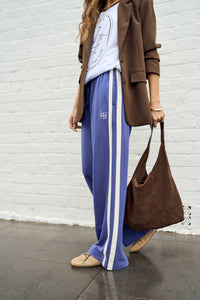 Gigi Wide Leg Terry Trackpant - Washed Navy Side Stripe