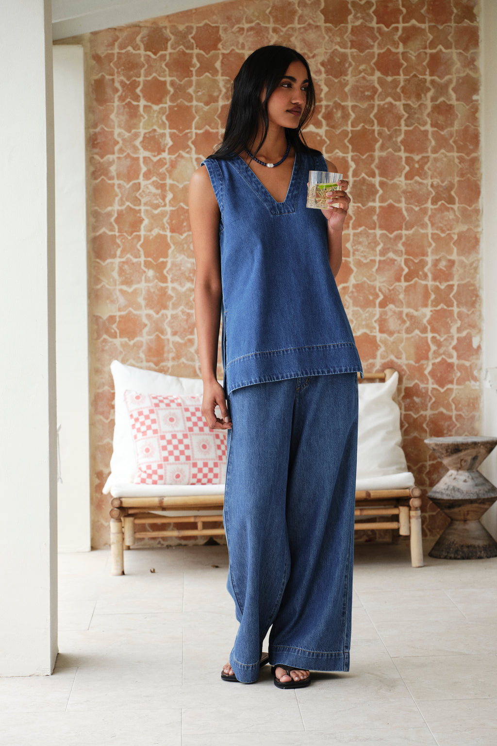 Andie Wide Leg Drawstring Pant - Fresh Indigo