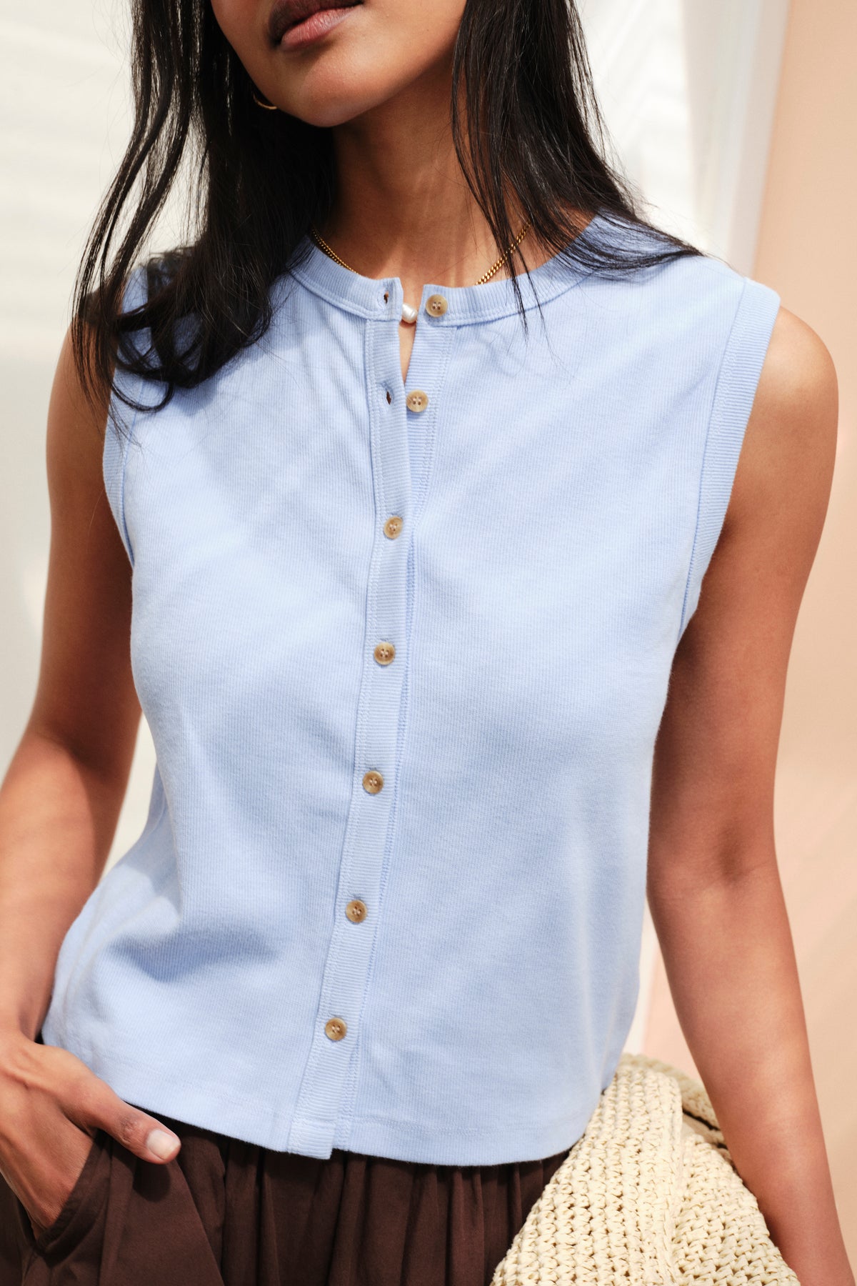 Lyla Button Through Rib Tank - Sky Blue