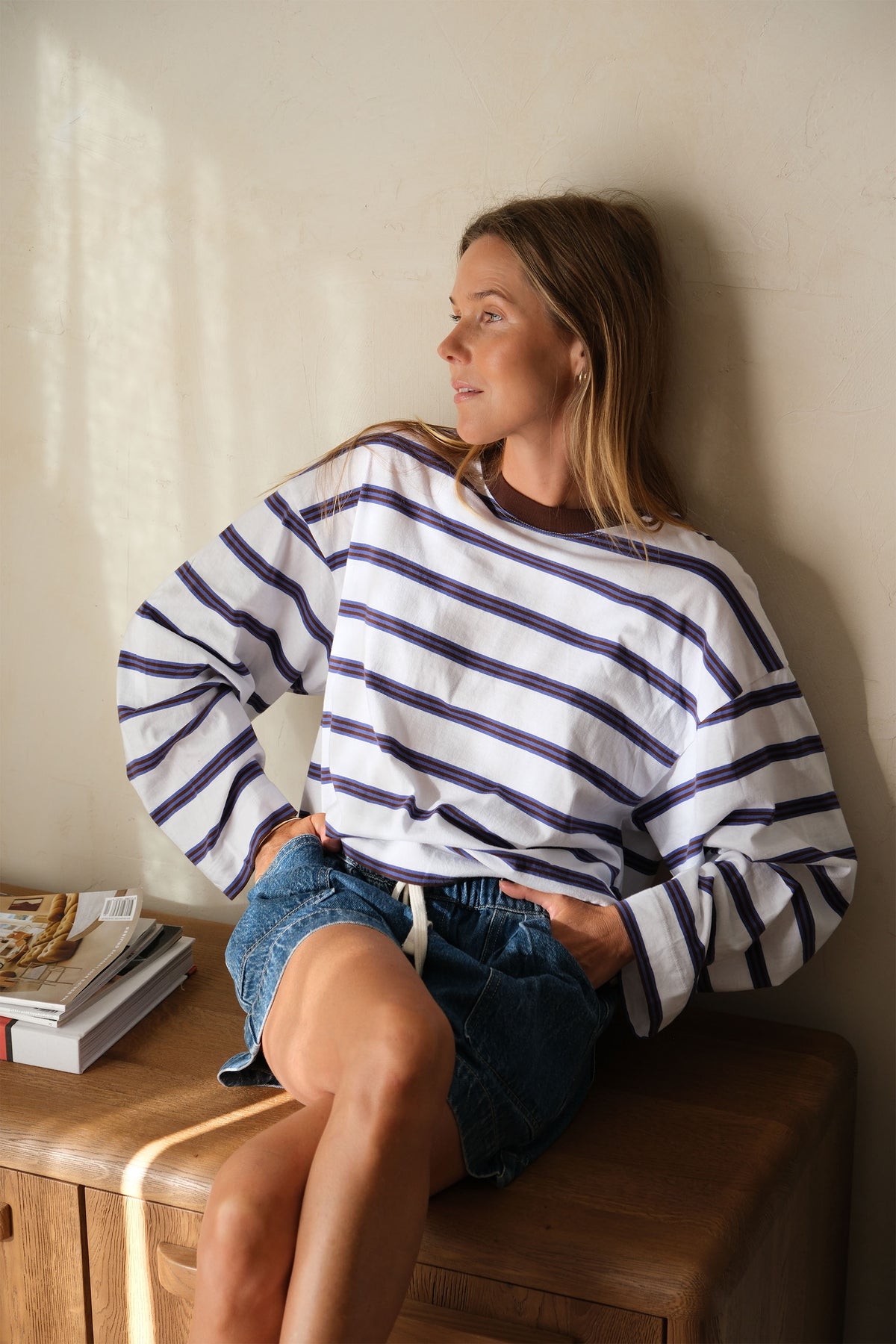 Beau Long Sleeve Slouchy Tee - White/Polo Choc Stripe
