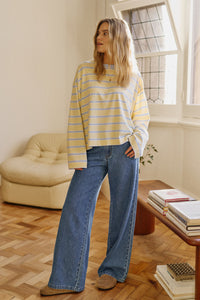 Beau Long Sleeve Slouchy Tee - Butter/China Blue Stripe