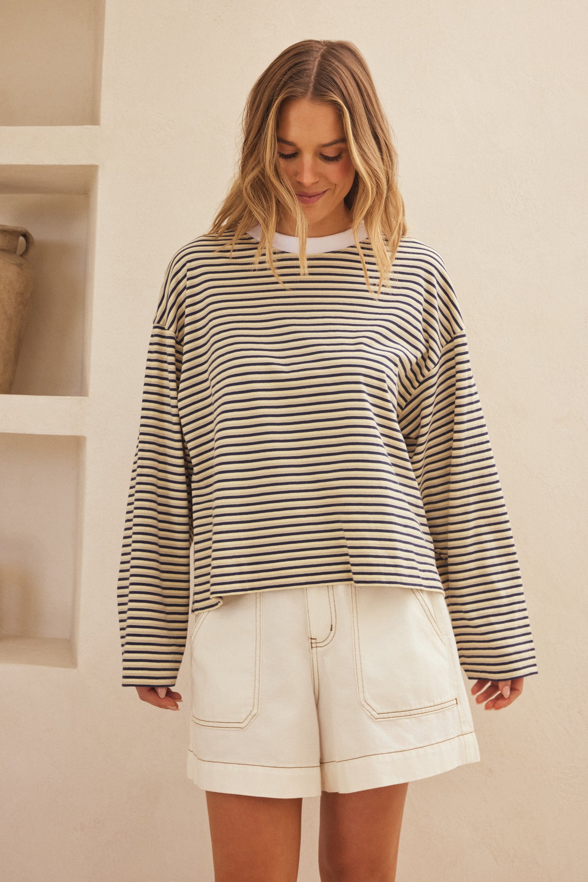 Beau Long Sleeve Slouchy Tee - New Butter Brunette Stripe