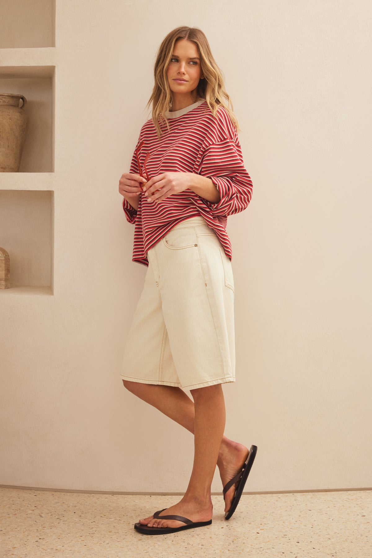 Beau Long Sleeve Slouchy Tee - Mulberry/Red/Stone Stripe
