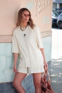 Luna Oversized Tee - Buff/True Navy Palms Embroidery