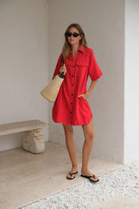 Bonnie Relaxed Shirt Dress - Crimson