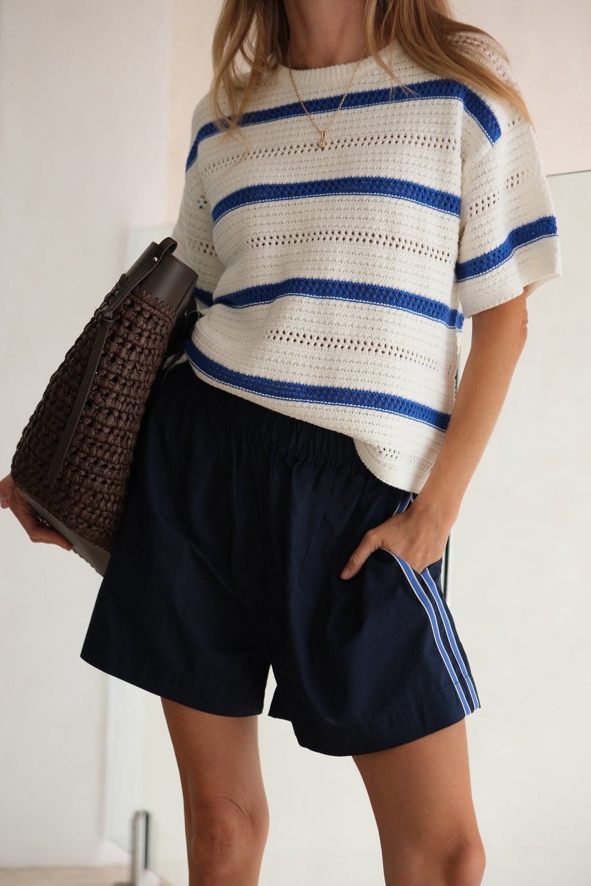 Nellie Boxy Knit Tee - Milk Klein Blue Wide Stripe