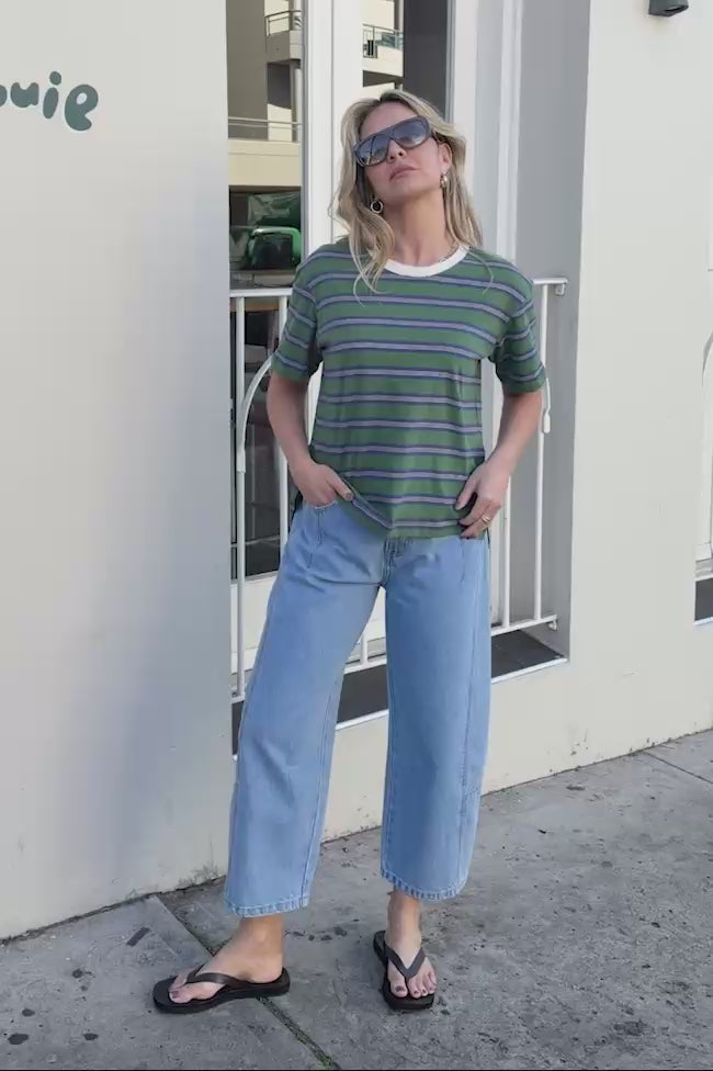 Stevie Slouchy Tee - Basil/Blue Stripe