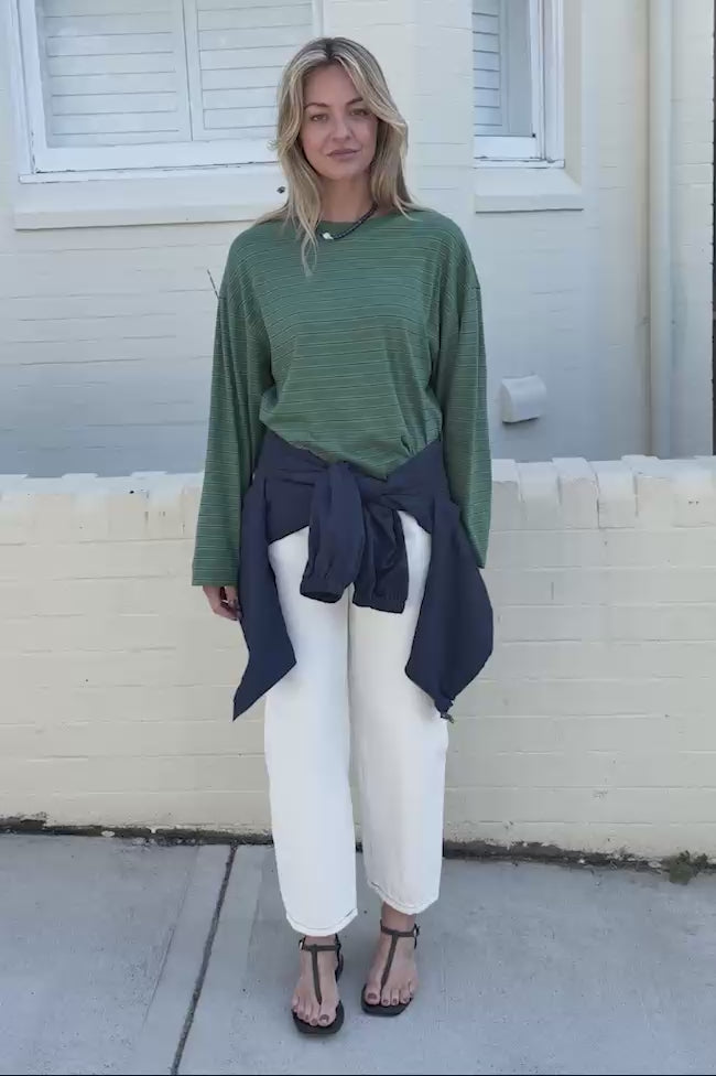 Beau Long Sleeve Slouchy Tee - Basil/Prussian Blue Stripe