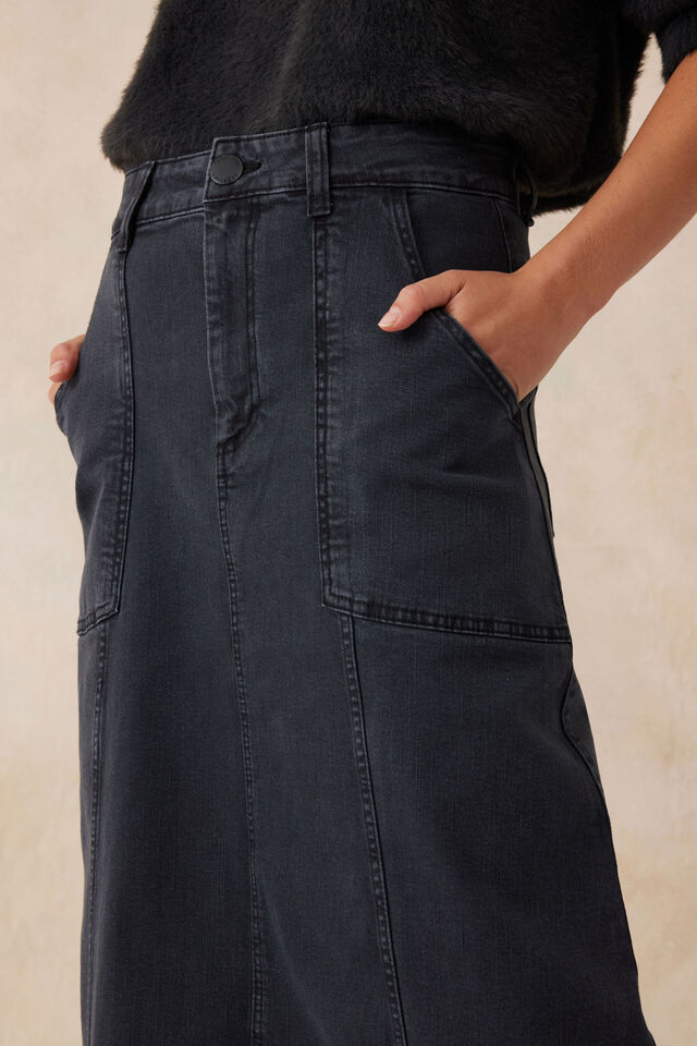 Flared Denim Midi Skirt, WASHED BLACK RESCUED DENIM