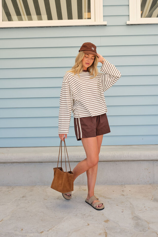 Beau Long Sleeve Slouchy Tee, MILK/BRUNETTE BROWN STRIPE
