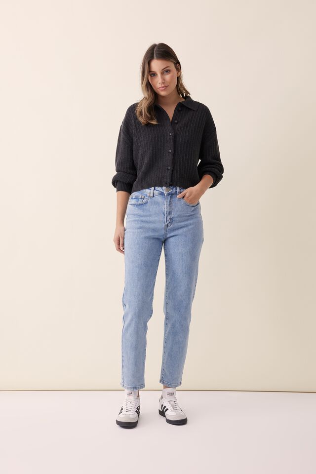 Soft Cropped Collared Cardigan In Recycled Blend, CHARCOAL MARLE
