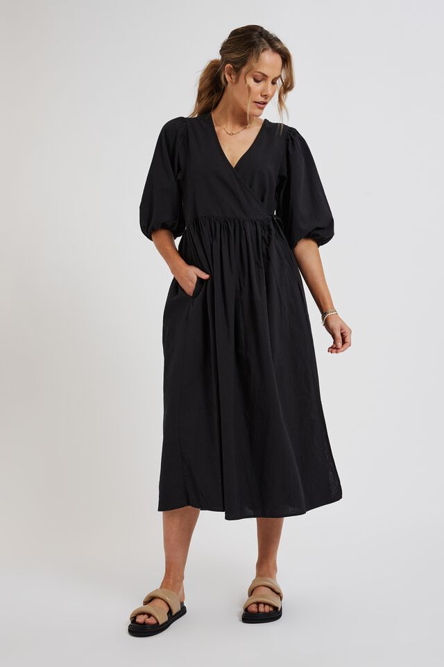 Midi Wrap Dress In Cotton Linen Blend, BLACK