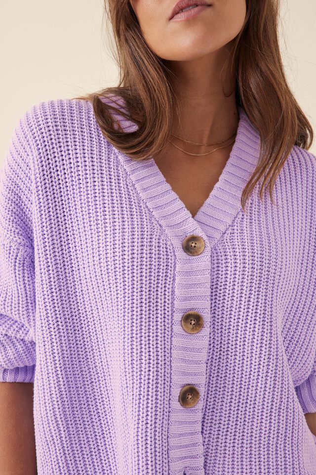 Fisherman Rib Cardigan In Organic Cotton, DUSTY LILAC