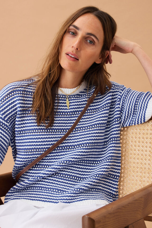 Nina Boxy Knit Tee, SUMMER BLUE STRIPE