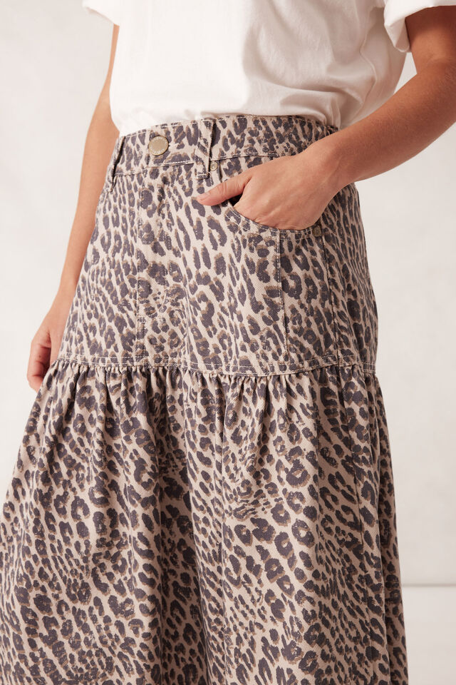 Drop Waist Denim Midi Skirt, LEOPARD