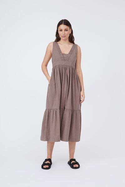 V Neck Strappy Midi Dress In Cotton Linen Blend, TAUPE