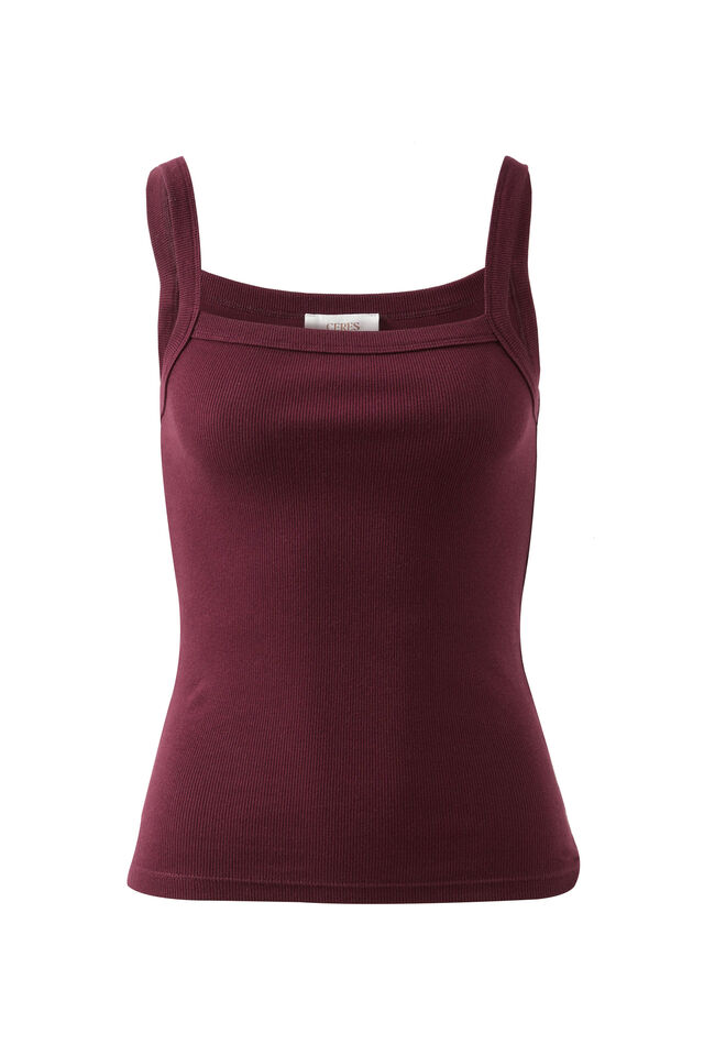 Square Neck Rib Singlet, RAISIN