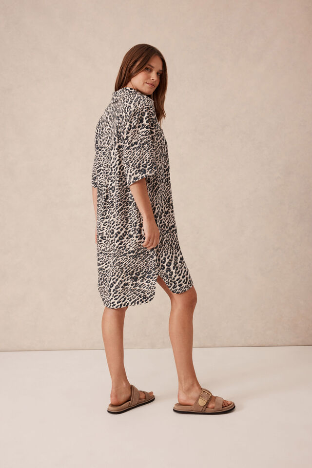 Boxy Shirt Dress, LEOPARD LINEN BLEND