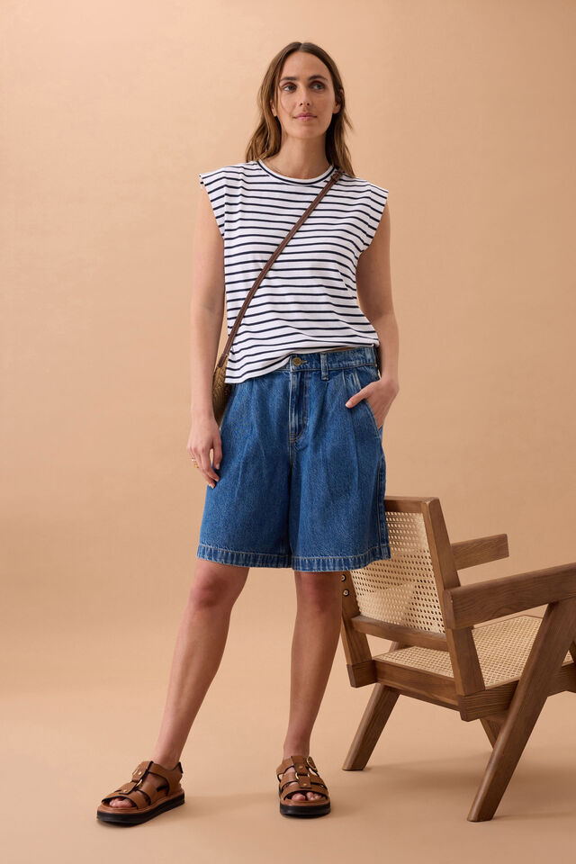 Sylvie Longline Pleat Denim Short, FRESH INDIGO