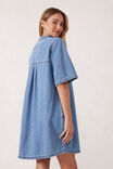 Collarless Relaxed Short Sleeve Denim Dress, VINTAGE BLUE - alternate image 3
