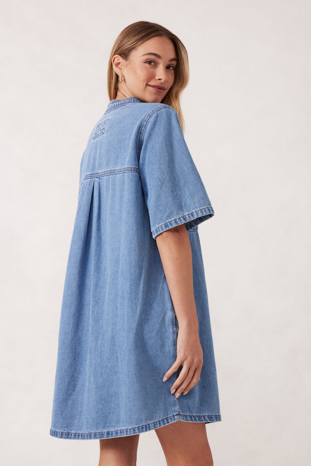 Collarless Relaxed Short Sleeve Denim Dress, VINTAGE BLUE