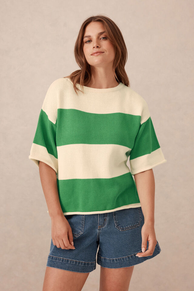 Boxy Knit Tee, GRASS/EGGSHELL BOLD STRIPE