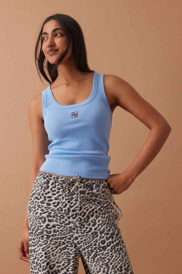 Zoe Contour Rib Scoop Tank, POWDER BLUE/ MONOGRAM EMBROIDERY