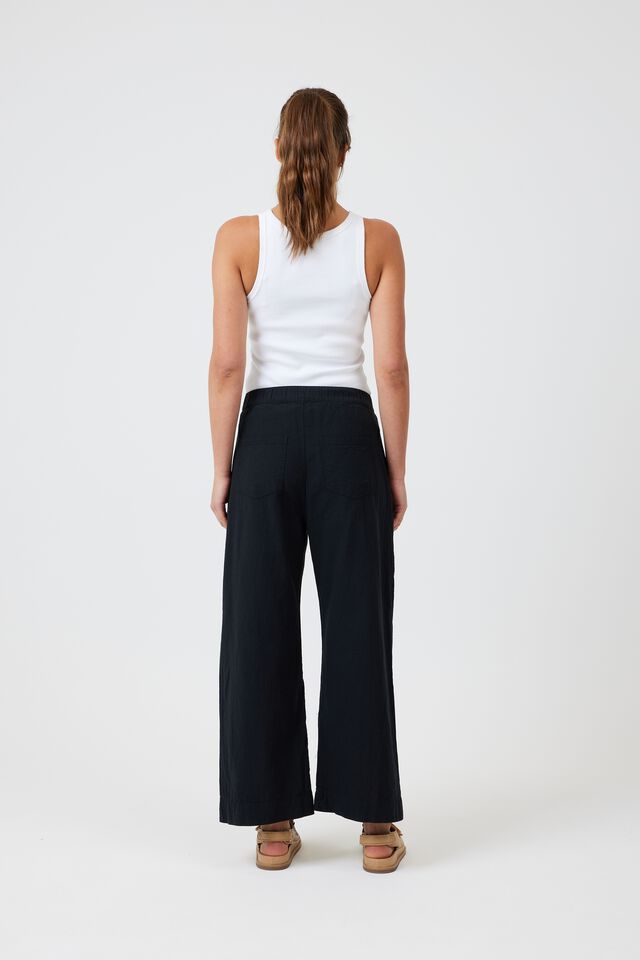 Wide Leg Pleat Front Pant In Cotton Linen Blend, BLACK