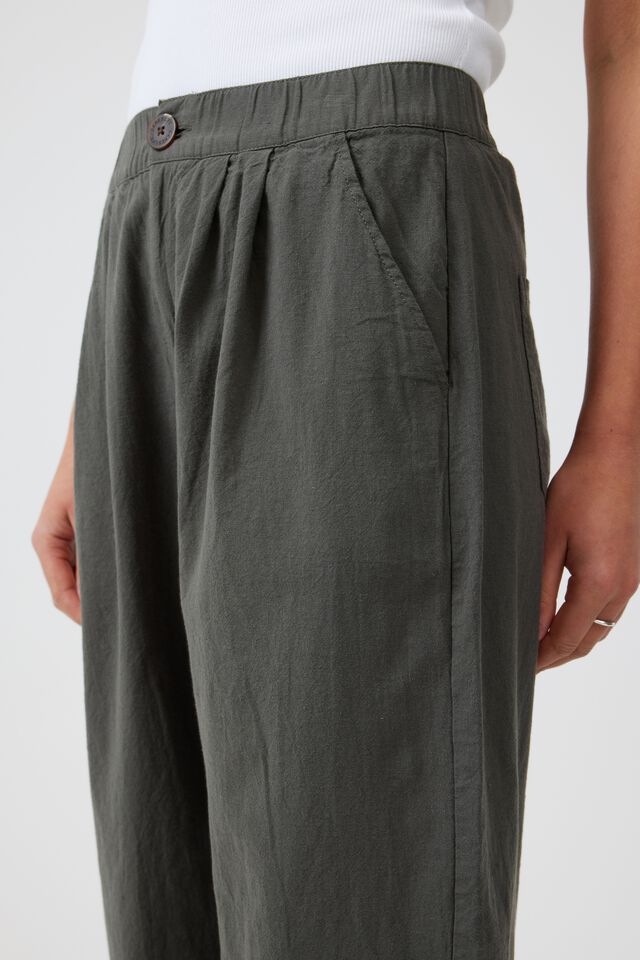 Wide Leg Pleat Front Pant In Cotton Linen Blend, MILITARY GREEN