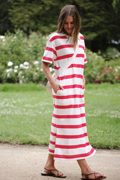 Midi Terry Dress, WHITE RED BOLD STRIPE