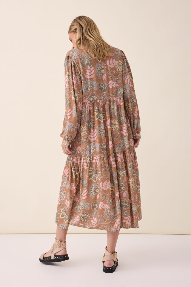 Tiered Shirt Dress In Lenzing Viscose, MACAROON ORNATE FLORAL