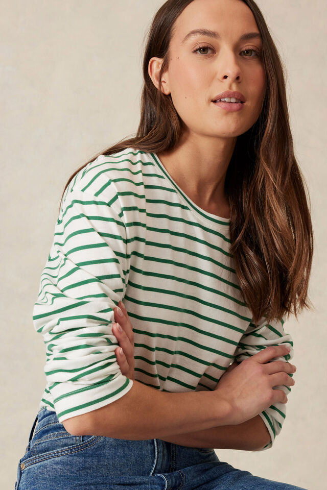 Longline Step Hem L/S Tee, VANILLA/FERN GREEN STRIPE