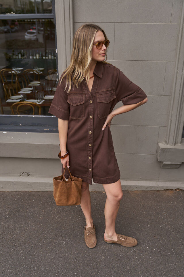 Bonnie Relaxed Shirt Dress, CHOCOLATE