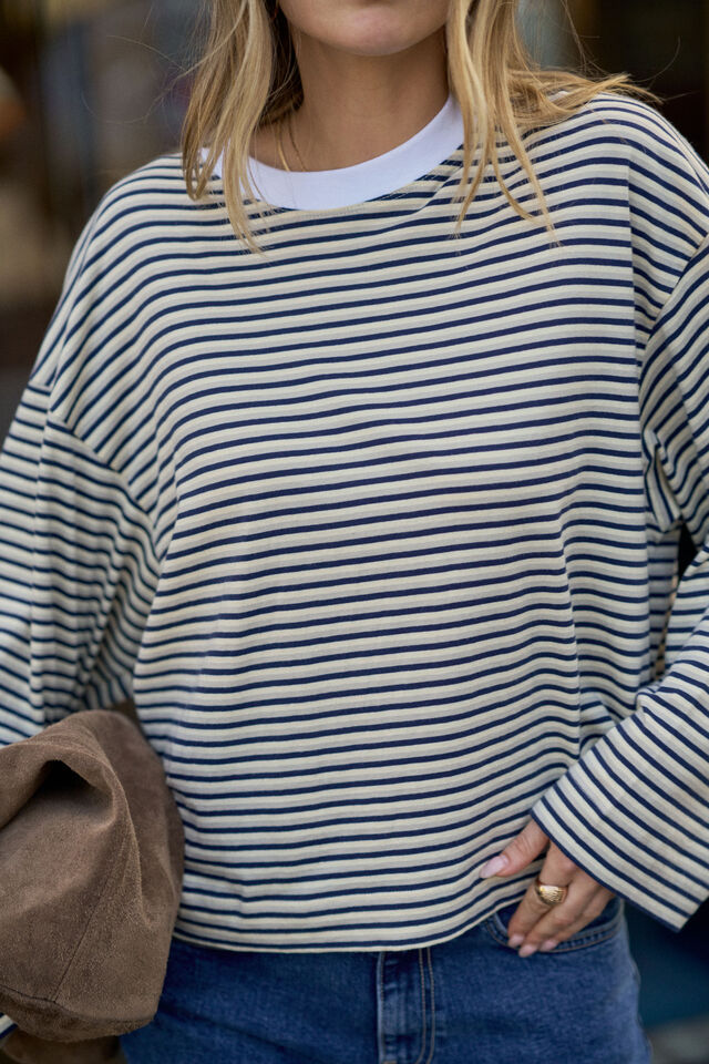 Beau Long Sleeve Slouchy Tee, HERITAGE NAVY/BUTTER/STONE STRIPE