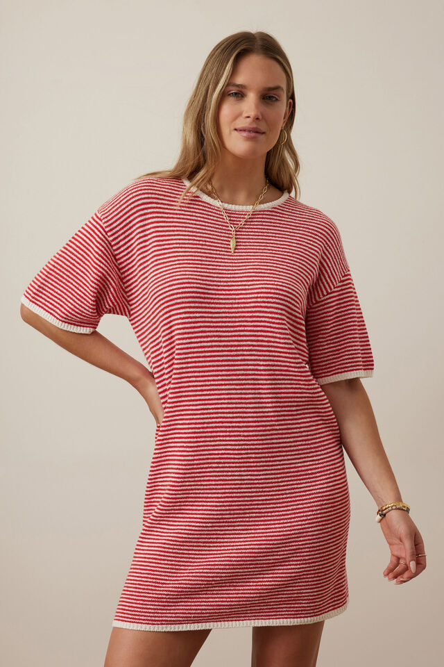 Fia Stripe Knit Mini Dress, FIERY RED ECRU STRIPE