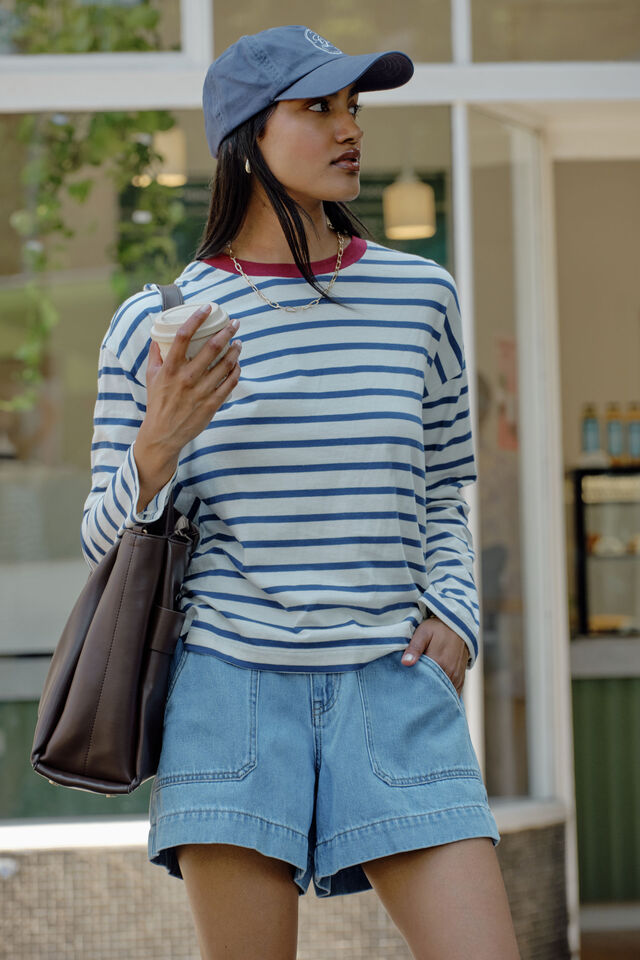 Scout Slouchy Long Sleeve  Tee, MILK PRUSSIAN BLUE STRIPE