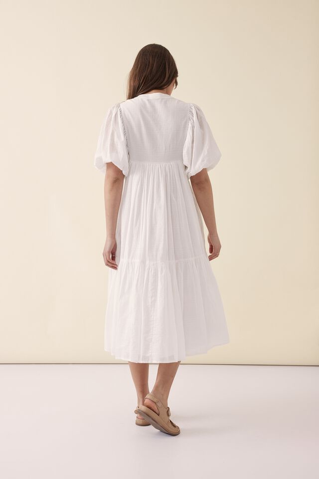 Tie Front Midi Dress In Organic Cotton Voile, WHITE