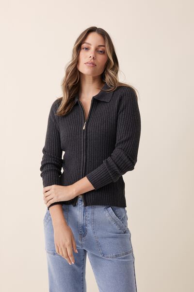 Soft Knit Zip Through Cardigan In Recycled Blend, CHARCOAL MARLE