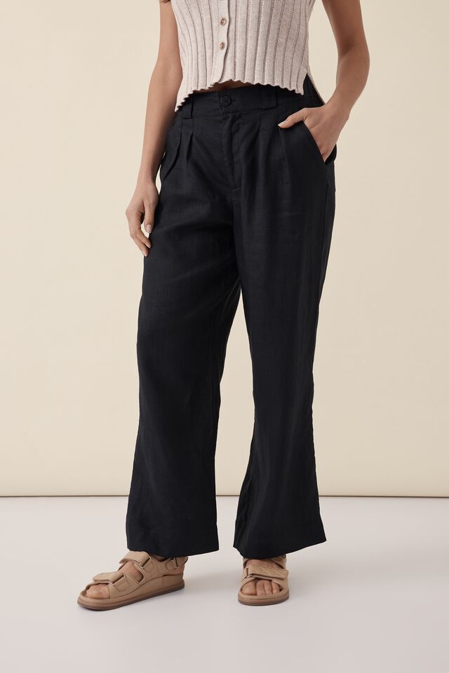 Linen Pleat Front Pant, BLACK