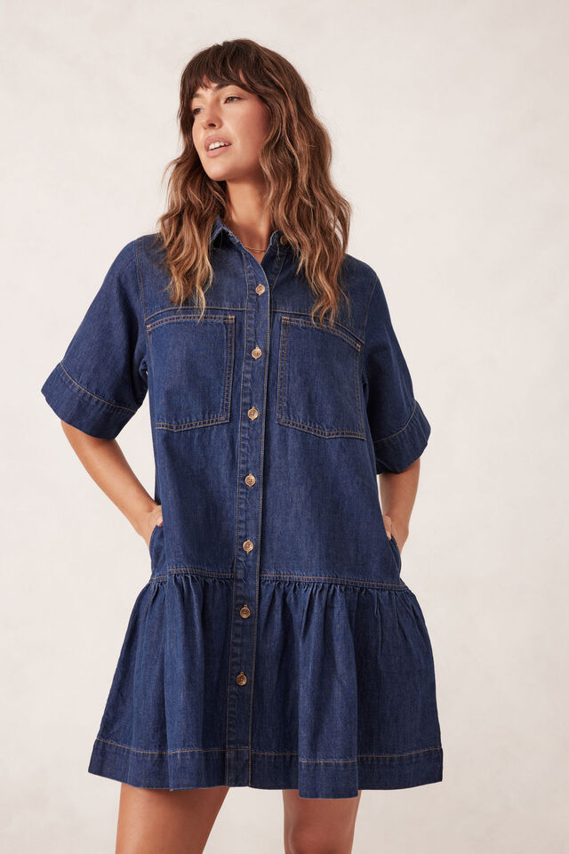 Short Sleeve Tiered Pocket Shirt Dress, MIDNIGHT