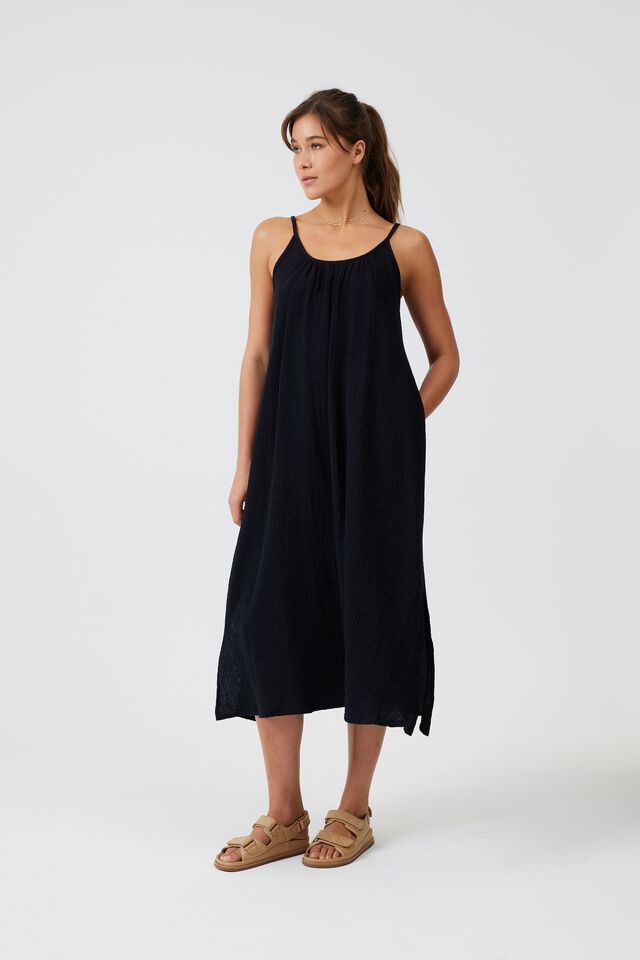 Doublecloth Strappy Midi Dress In Organic Cotton, BLACK