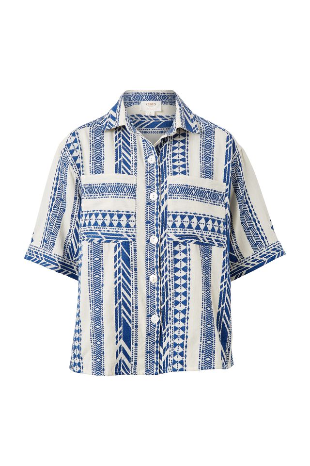 Resort Boxy Shirt, NATURAL WITH NAVY JACQUARD ORGANIC COTTON