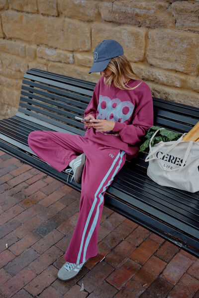 Gigi Wide Leg Terry Trackpant, WASHED BURGUNDY SKY BLUE SIDE STRIPE