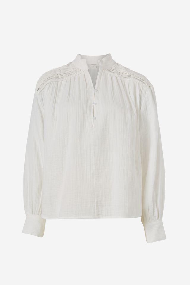 Lace Detail Henley Shirt, WHITE