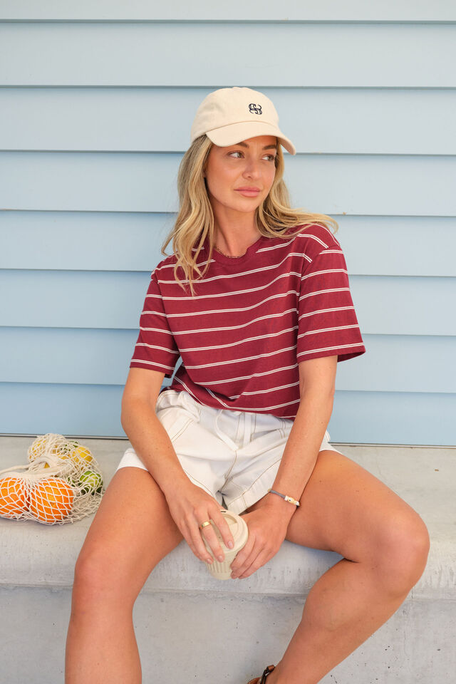 Stevie Slouchy Tee, BURGUNDY/MILK STRIPE