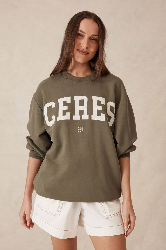 Isla Oversized Slouchy Crew, KHAKI HERITAGE LOGO